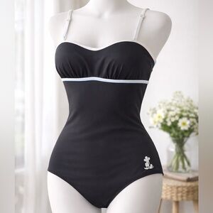 Disney Parks Black White One Piece Swimsuit Mickey Embroidery cutout Size XL